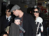 Brad Pitt and Angelina Jolie with family arriving at Narita International airport, Chiba, Japan