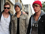 Danny, Tom and Dougie of McFly arriving at a studio in West London