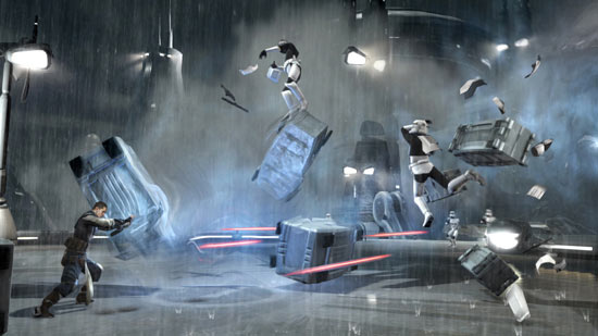 Force Push. Using a force push to repel a group of Stormtroopers.