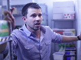During Ryan's shift, he goes to the kitchen. Janine shuts the door on him and hurries away.