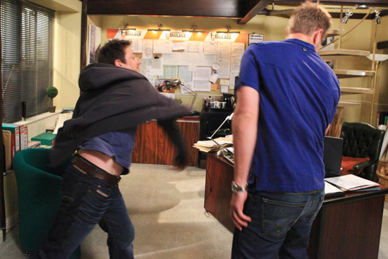 Emmerdale - Cameron Murray (Dominic Power) punches Carl King (Tom Lister)