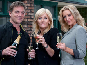 Stella, Karl and Eva outside the Rovers in Coronation Street
