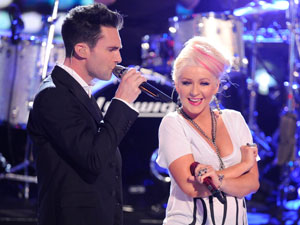 Adam Levine and Christina Aguilera performing on 'The Voice'