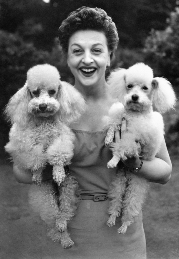 Betty Driver holding her pet poodles Mitzi (left) and Tina, at her home in Hendon, London in 1955