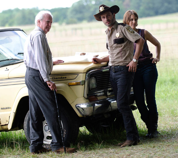 Hershel Greene (Scott Wilson), Rick Grimes (Andrew Lincoln) and Maggie Greene (Lauren Cohan)