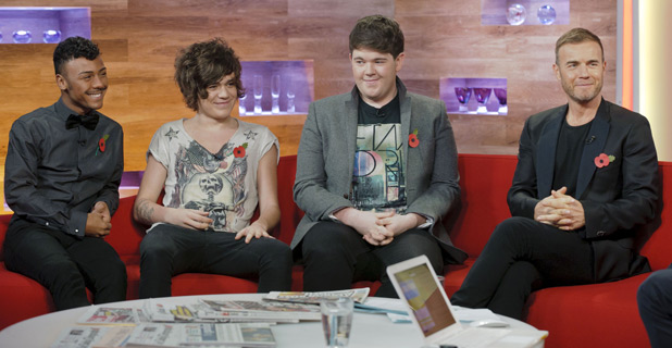 Marcus Collins, Frankie Cocozza, Craig Colton and Gary Barlow on Daybreak