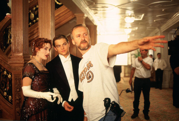 Titanic 3D re-release: Director James Cameron directs his stars on the ballroom set.