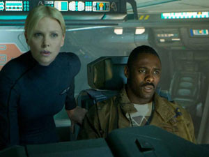 Charlize Theron and Idris Elba on board the ship Prometheus.