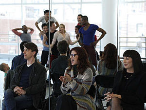 Christian Borle as Tom, Debra Messing as Julia, Anjelica Huston as Eileen, Megan Hilty as Ivy Bell