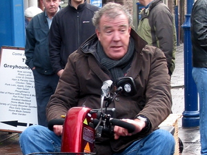 Jeremy Clarkson races his Top Gear co-presenters on a customized mobility scooter through Abergavenny Town,  as they film scenes for the new series of the hit BBC motoring show
Abergavenny, South Wales - 18.01.12