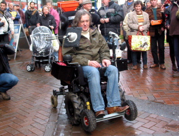 James May races his Top Gear co-presenters on a customized mobility scooter through Abergavenny Town, as they film scenes for the new series of the hit BBC motoring show
Abergavenny, South Wales - 18.01.12