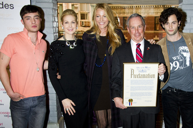 Blake Lively, Penn Badgley, Ed Westwick and New York Mayor Michael Bloomberg 