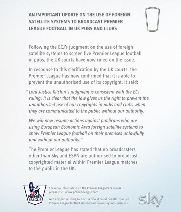 Premier League ads warn pubs over using foreign set-top boxes