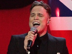 Olly Murs on stage during the 2012 Brit awards at The O2 Arena, London