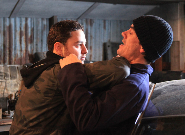 Adam Barton (Adam Thomas) puts Cain Dingle's (Jeff Hordley) life in danger