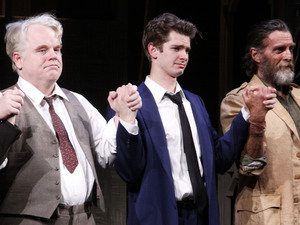 Philip Seymour Hoffman, Andrew Garfield and John Glover
Broadway opening night curtain call for 'Death Of A Salesman' at the Ethel Barrymore Theatre.
New York City, USA 