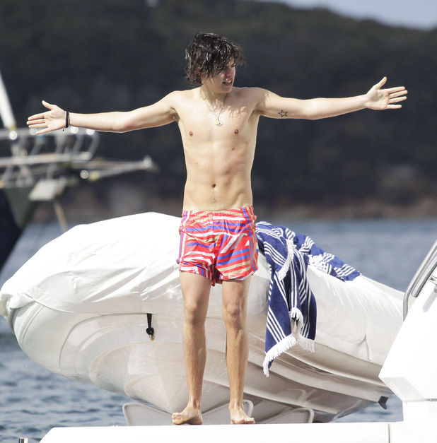 Harry Styles prepares to dive into the water in Sydney
