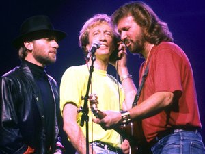 The Bee Gees perform at Wembley Arena in 1989