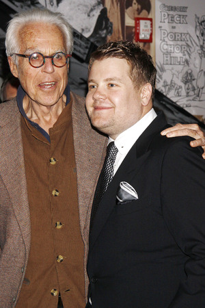 James Corden and playwright John Guare celebrate Broadway opening night at after party for One Man, Two Guvnors, held at the Liberty Theatre.