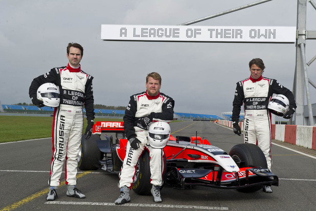 Jimmy Carr, James Corden and John Bishop in A League of Their Own F1 special