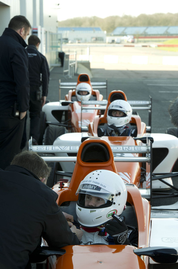 Jimmy Carr, James Corden and John Bishop in A League of Their Own F1 special