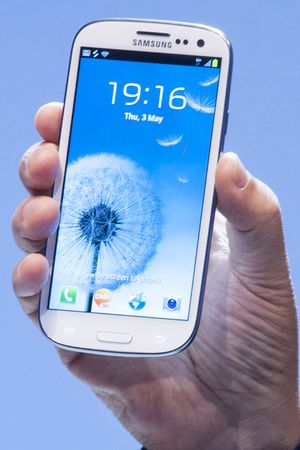 Samsung Galaxy 3 Mobile Phone displayed at the Samsung Galaxy 3 Mobile Phone launch at Earls Court Exhibition Center, London