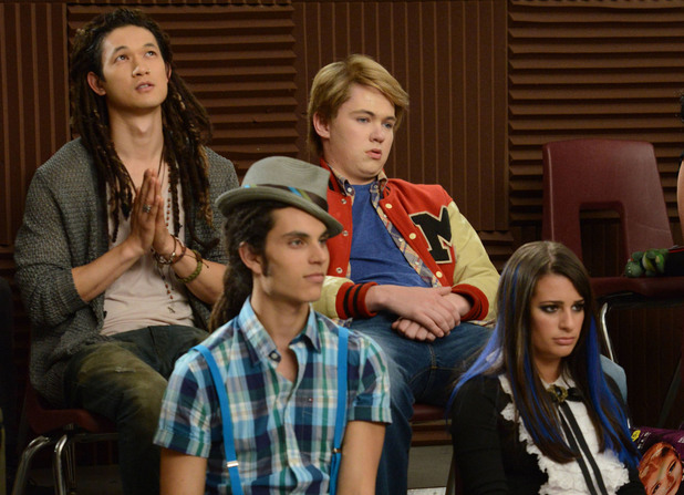 GLEE: Tina bumps her head and sees Mike (Harry Shum Jr., top L) as Joe, Rory (Damian McGinty, top R) as Sam, Joe (Samuel Larsen, bottom L) as Mike and Rachel (Lea Michele, bottom R) as Tina in the first hour of a special two-hour "Props/Nationals" episode of GLEE airing Tuesday, May 15 (8:00-10:00 PM ET/PT) on FOX.
