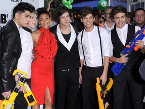 One Direction are pictured with Nicole Scherzinger at the Men in Black III premiere held at the Ziegfeld Theater in New York