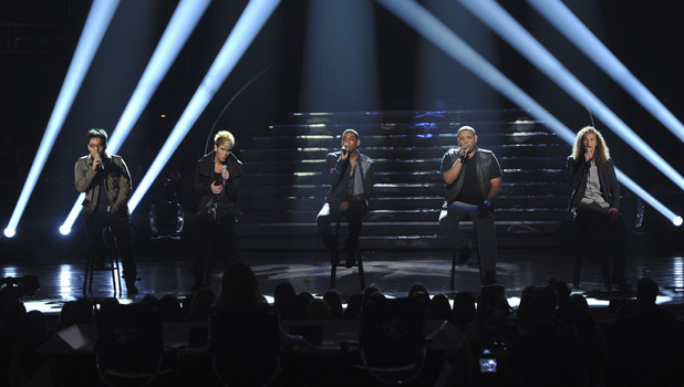 Heejun Han, Colton Dixon, Joshua Ledet, Jeremy Rosado and DeAndre Brackensick perform a Bee Gees medley in honour of the late Robin Gibb.