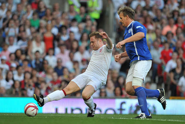 Olly Murs and Gordon Ramsay at Old Trafford for Soccer Aid.