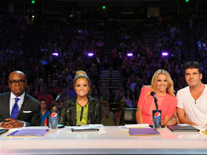 L.A. Reid, Demi Lovato, Britney Spears and Simon Cowell on the set of The X Factor USA
