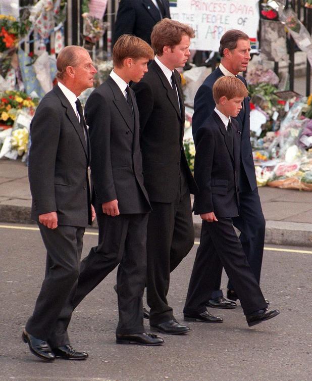The Duke of Edinburgh, Prince William, Earl Spencer, Prince Harry and the Prince of Wales