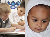 Pupils in classroom, baby