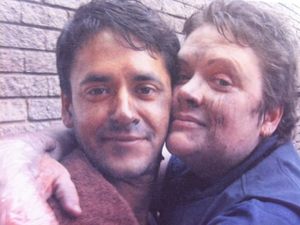 Simon Rivers and Lu Corfield filming fire episode