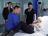 As Debbie explains to the Doctor that she doesn't feel right, she starts to bleed