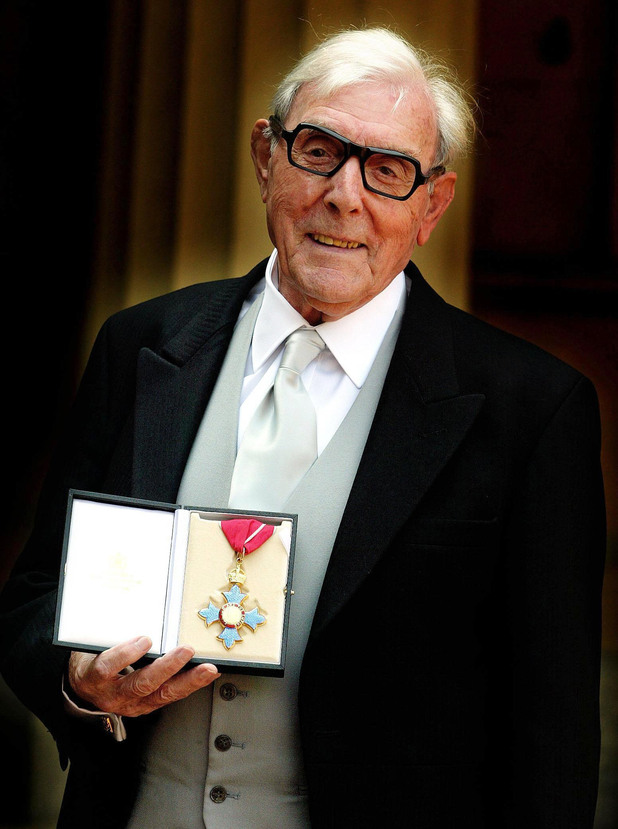 Veteran comic actor Eric Sykes after receiving his CBE from the Queen at today's Buckingham Palace investiture
