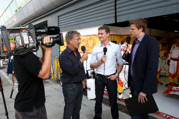Jake Humphrey with David Coulthard and Eddie Jordan at a Formula One grand prix