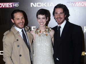 Tom Hardy, Anne Hathaway and Christian Bale at the UK premiere of 'The Dark Knight Rises'