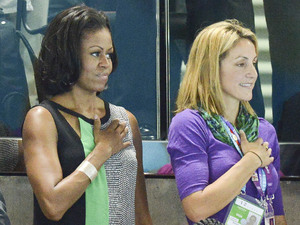 First Lady Michelle Obama at the aquatics centre.