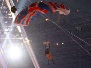 A parachutist pretending to be the Queen at the Olympic Stadium during the Olympic Games 2012 Opening Ceremony at the Olympic Stadium, London.