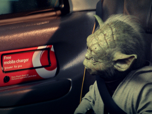 Yoda with a Vodafone cab charger