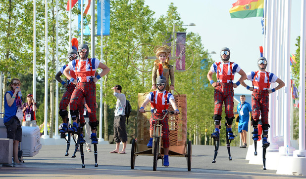 Performers during the Welcome Ceremony at the Athletes Village, Olympic Park, London.