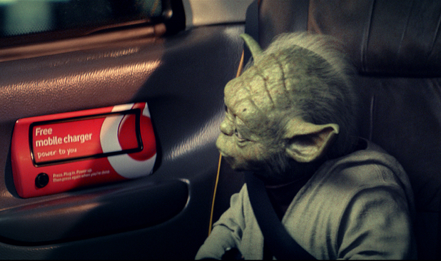 Yoda with a Vodafone cab charger