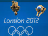Tom Daly, Peter Waterfield compete in the Men's Synchronised 10m Platform competition at the Aquatics Centre in the Olympics Park during the third day of the London 2012 Olympics.