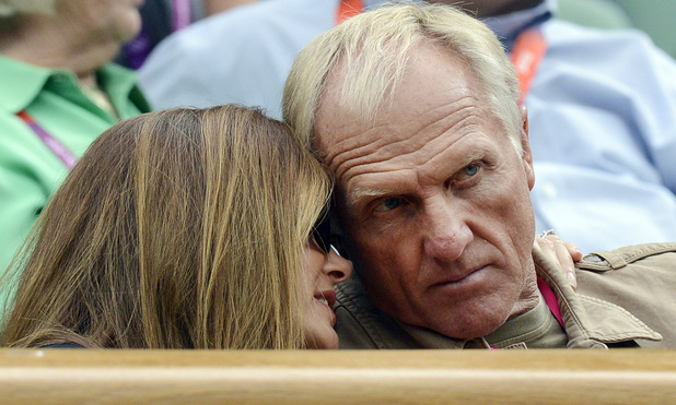 Australian golfer Greg Norman and his wife Kirsten in the Royal Box, watching Great Britain's Andy Murray winning his First Round match in the Men's Singles at the Olympic Tennis Venue, Wimbledon.
