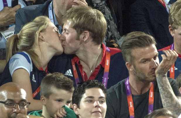 Laura Trott and Jason Kenny and Beckham at beach volleyball