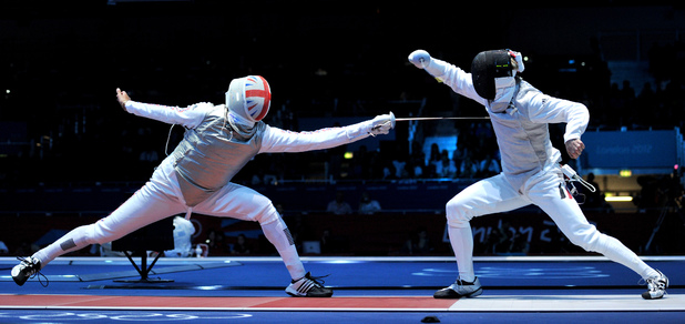 Great Britain's James Davies (left) in action during his Fencing Men's Individual Foil, Round of 32 match against Germany's Peter Joppich