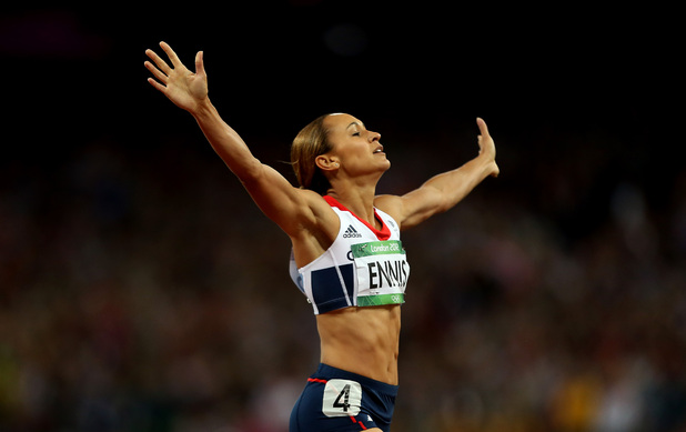 Great Britain's Jessica Ennis celebrates winning the Heptathlon, after the 800m event at the Olympic Stadium