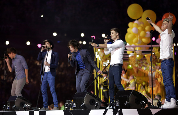 British-Irish boy band One Direction performs during the Closing Ceremony at the 2012 Summer Olympics, Sunday, Aug. 12, 2012, in London. (AP Photo/Matt Slocum)