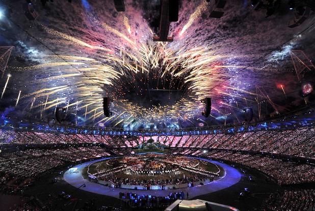 Fireworks mark the opening of the London Olympic Games 2012 Opening Ceremony at the Olympic Stadium, London.